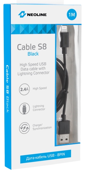Кабель синхронизации Neoline Cable S8 MFI Black Lightning Connector - фото
